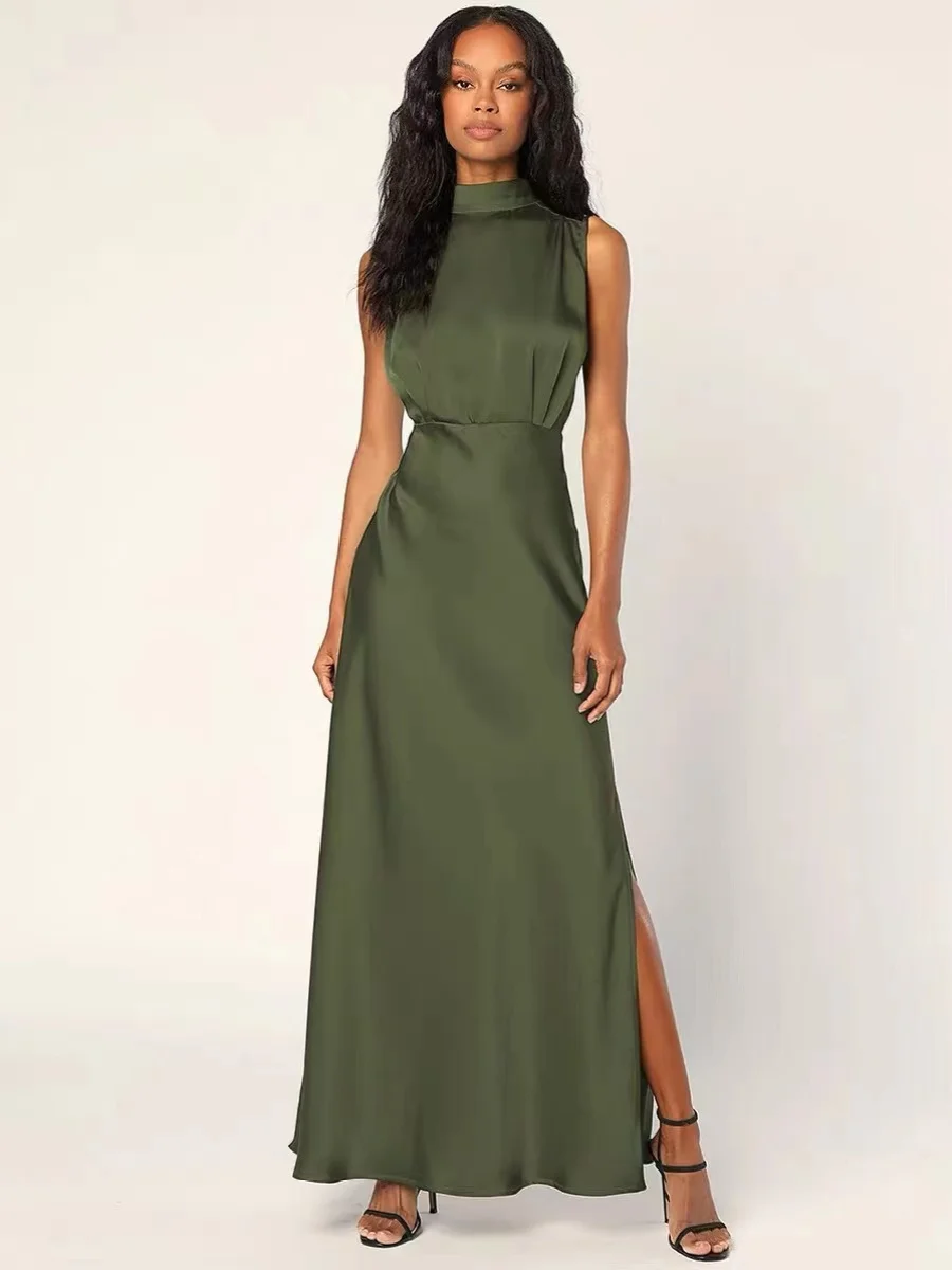 

Ele Smooth Fabric Long Dr Slit High Waist Zipper Sle No Sve Gown for Par Wedding Performance Daily Wear