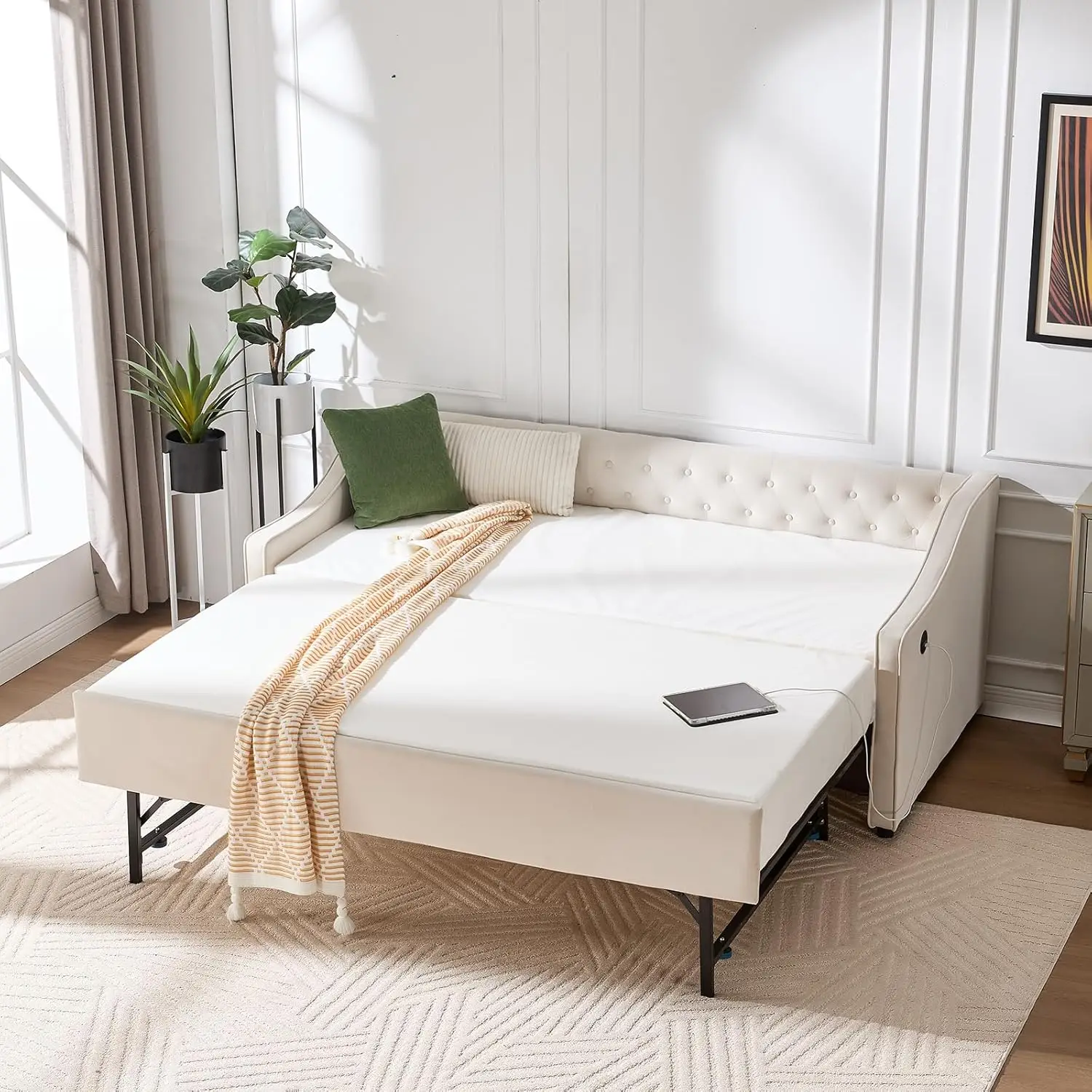 Twin to King Daybed with Trundle, USB Ports Soft Upholstered Daybed with Pop Up Trundle Bed Twin, Modern Extendable, Customized