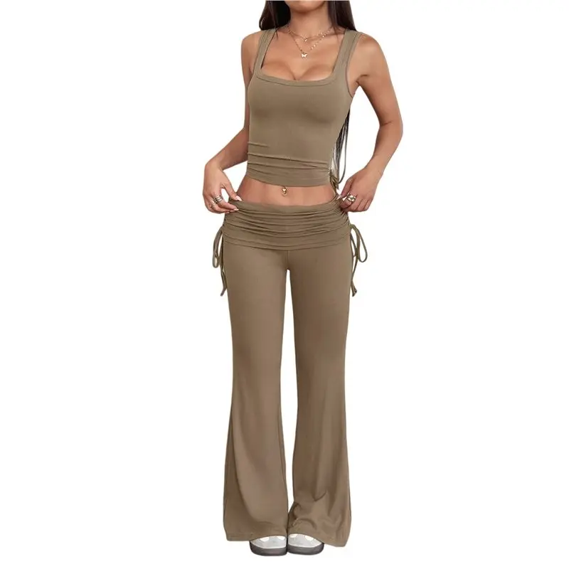 

CYL-Lounge Sets For Women Two Piece Outfits Knit Sleeveless Slim-Fit Tops Wide Leg Pants Sets