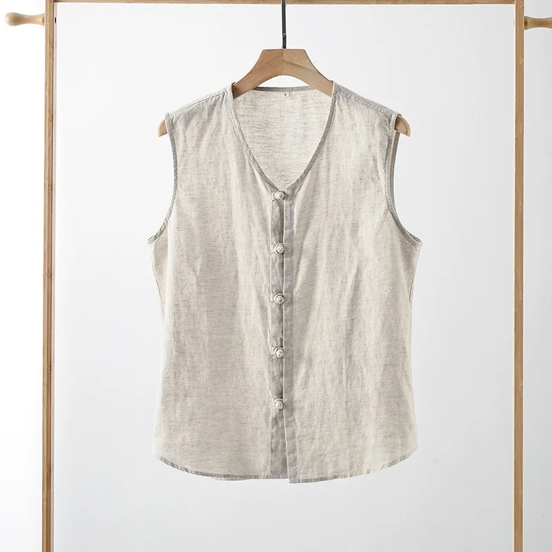 Linen Vintage Plate Button Round Neck Vest Casual Vest