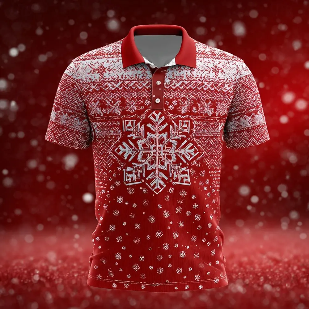 2025 Christmas Men's Snowflake 3D Print Polo Shirts, 3D Lapel Design Short Sleeve Casual Wear Summer Holiday Festival Style