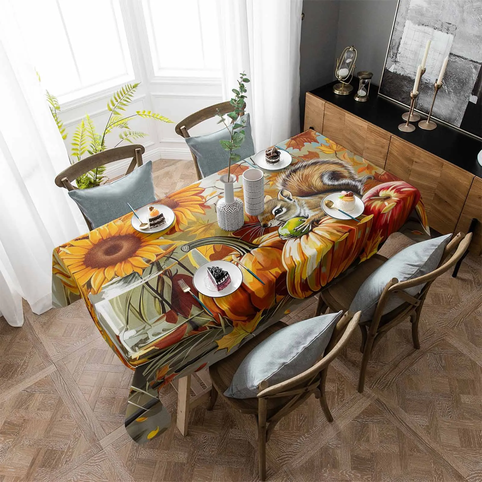 Autumn Pumpkin Sunflower Squirrel Oil Painting Waterproof Table Cloth Wedding Party Rectangular Table Cover Home Kitchen Decor