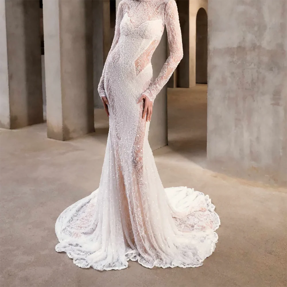 

Luxury O-Neck Full Sleeve With Lace Beads Mermaid Bride Wedding Dresses Bridal Gowns Customized
