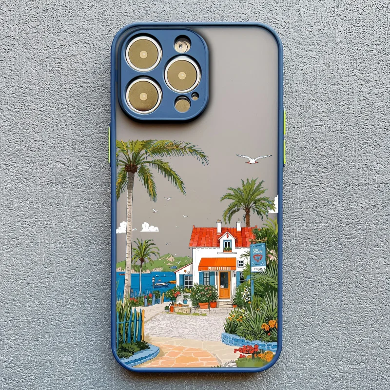 Strandlandschaft Küstenstadt Handyhülle für iPhone 17 15 16 14 Pro Max Plus 13 12 Mini 11 Pro Max XS XR X Blaue Hüllen – Detail 3