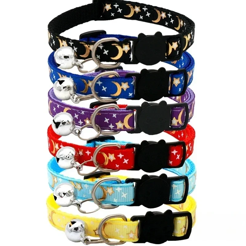 Pet Collar with Bell and PP Material Separate Reflective Safety Buckle Solid Safe Cat Dog Collar Gold Color Stars and Moon