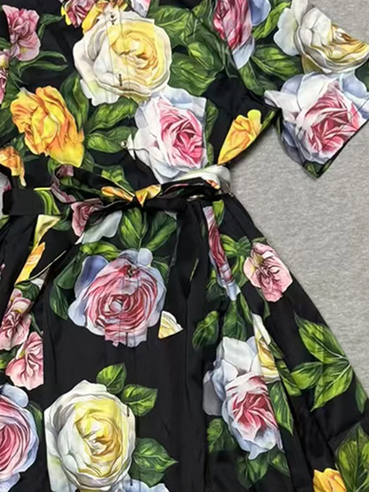 الربيع والصيف 2025 جديد التلبيب واحدة الصدر قصيرة الأكمام قميص تنورة حزام الخصر سوينغ فستان مزاجه الموضة