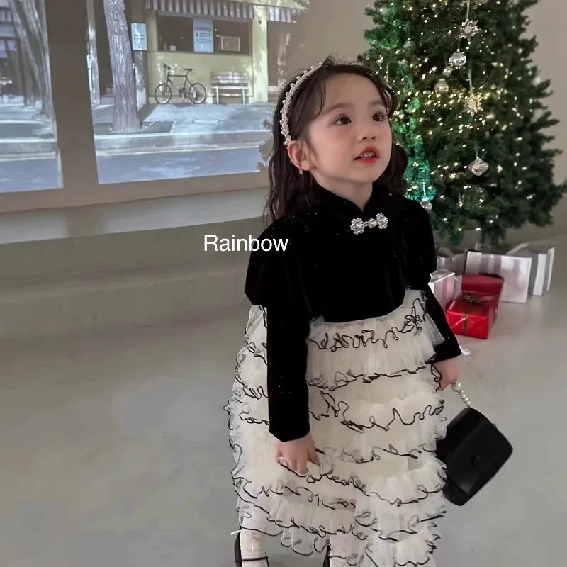 Girls Dress 2024 Winter New Childrens Clothes Girls Baby Sweet Retro Velvet Cheongsam Cake Dress Casual Simple and Daily