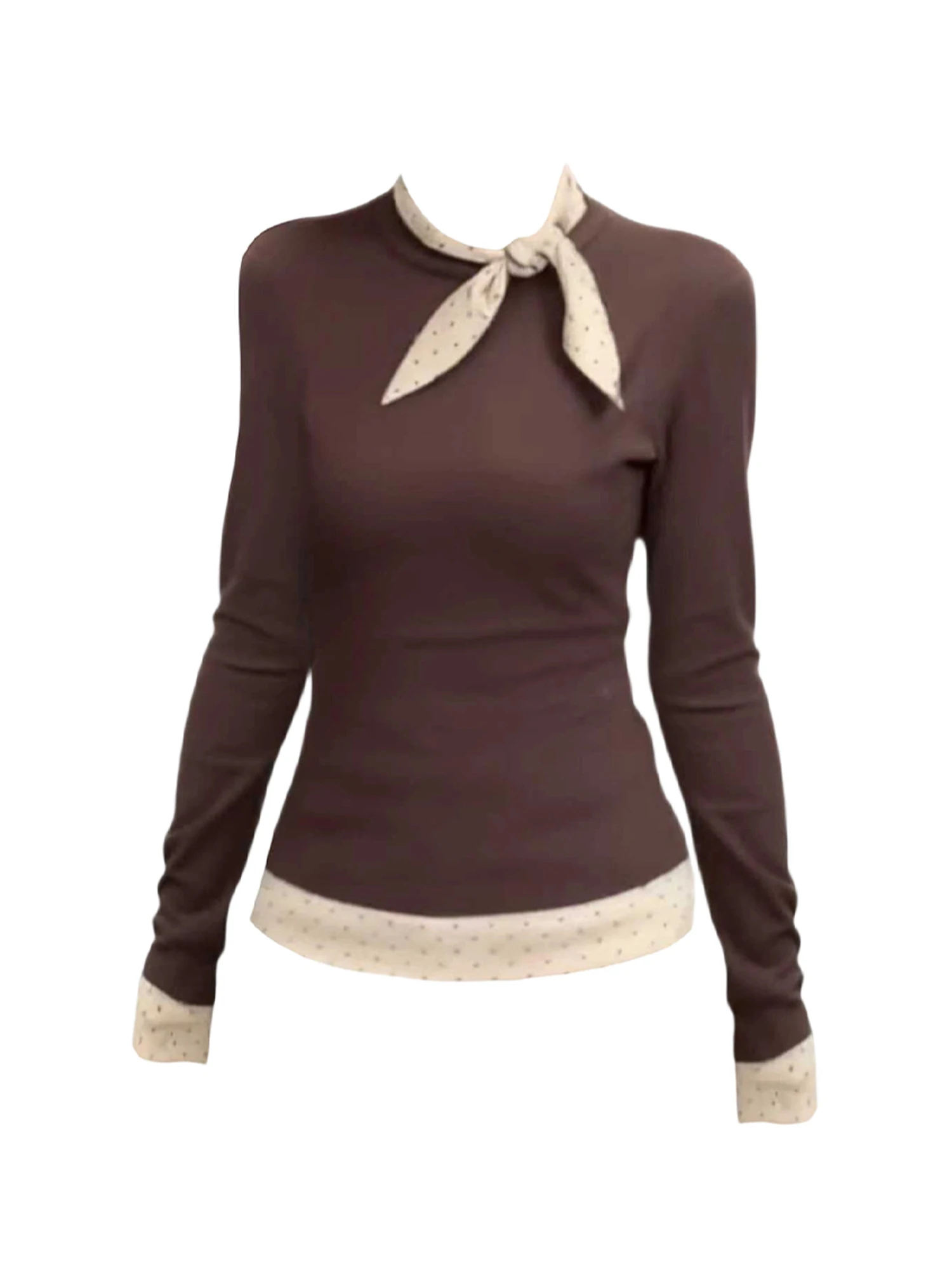 

Women Brown Bow T-shirt Aesthetic Y2k Gyaru Polka Dot Tee Top Vintage Long Sleeve Patchwork T-shirts 2000s Clothes Spring Autumn