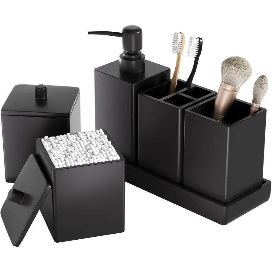 

Black Bathroom Accessories Set Resin 6PCS Square Toothbrush Holders Set Complete with Soap Dispenser Vanity Tray Tumbler Cups a