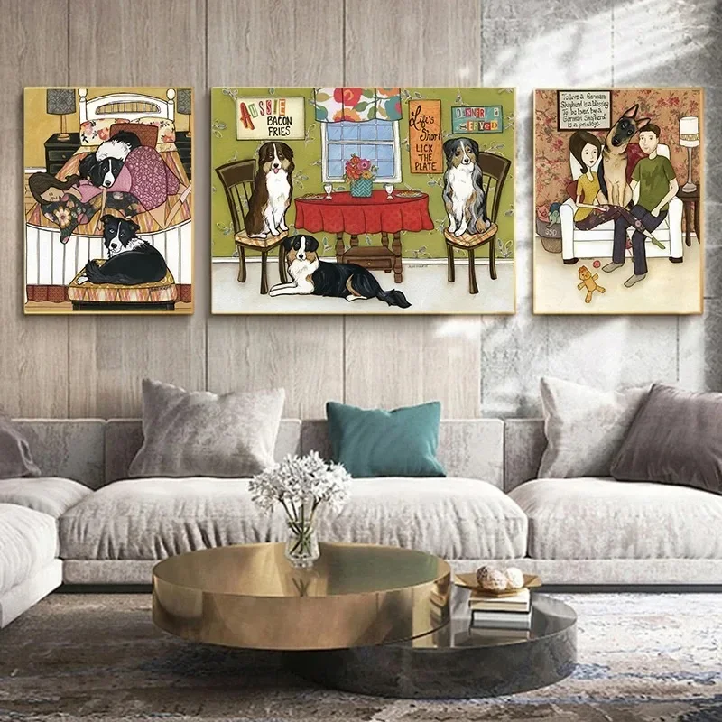 Wall  Canvas Print Painting Warm Family Lovers and Dogs Cute Pets Wall  for Living Room Bedroom Modern Home  Gift