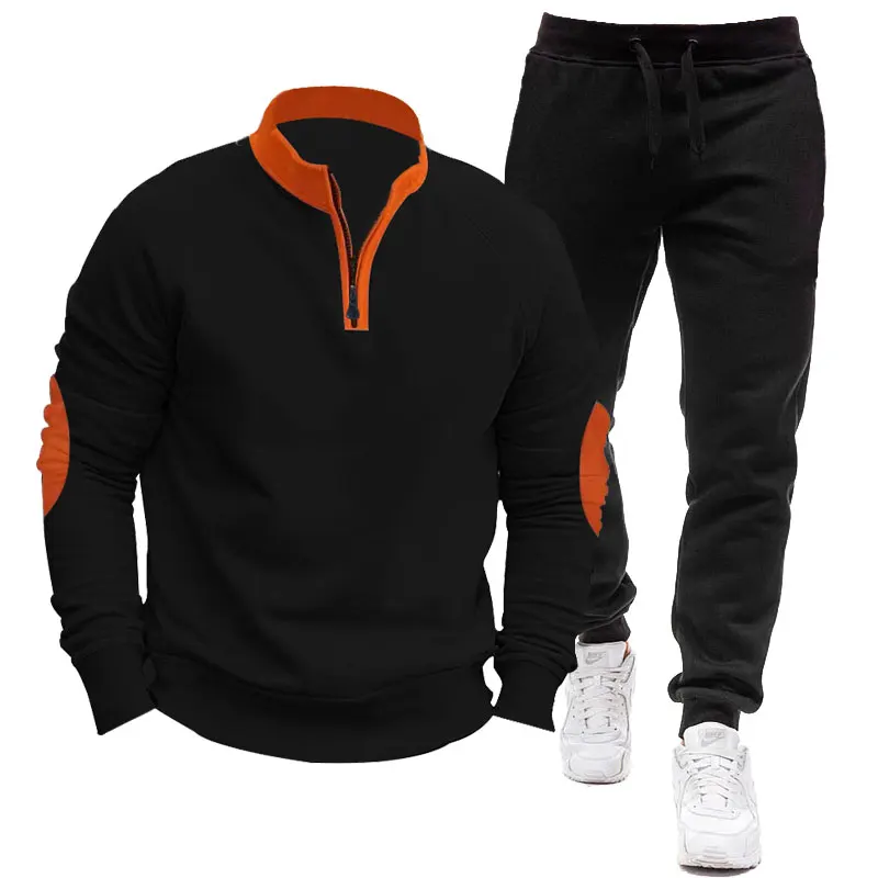 Fall/winter New Men's Tracksuit Outdoor Sports Casual Fleece Lining Hoodie + Sweatpants 2-piece Fashion Patchwork Patch Designe