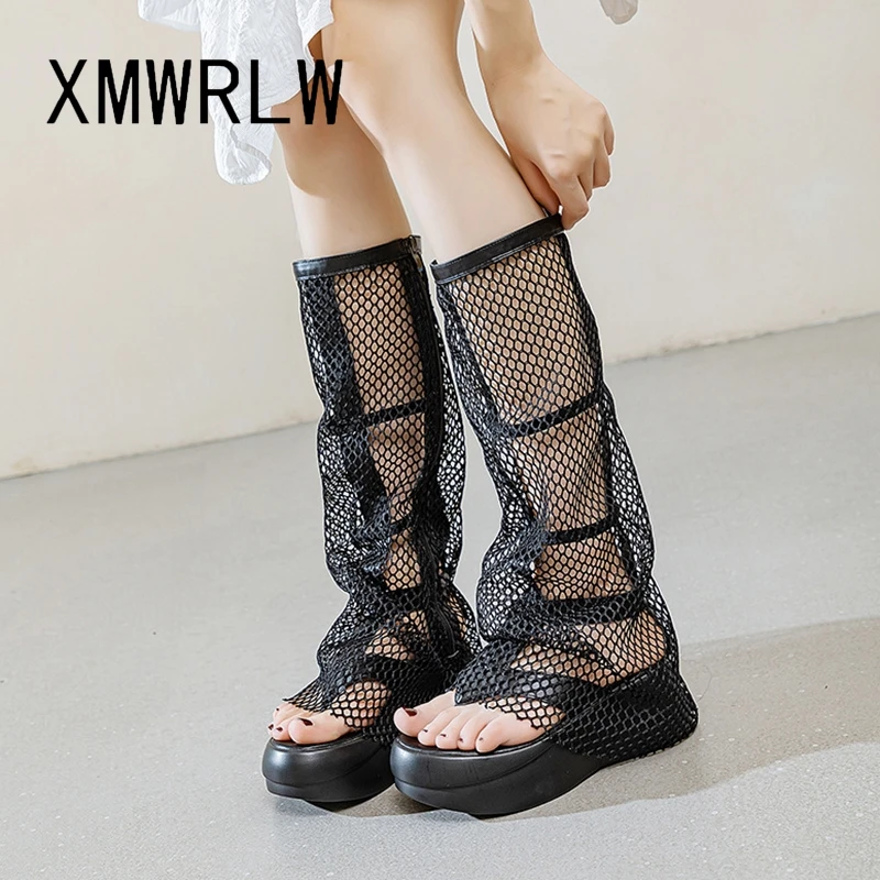 XMWRLW 2023 Women's Summer Boots Breathable Mesh Female Shoes Fashion High Heels Thick Sole Women Summer High Boots Shoes Boot