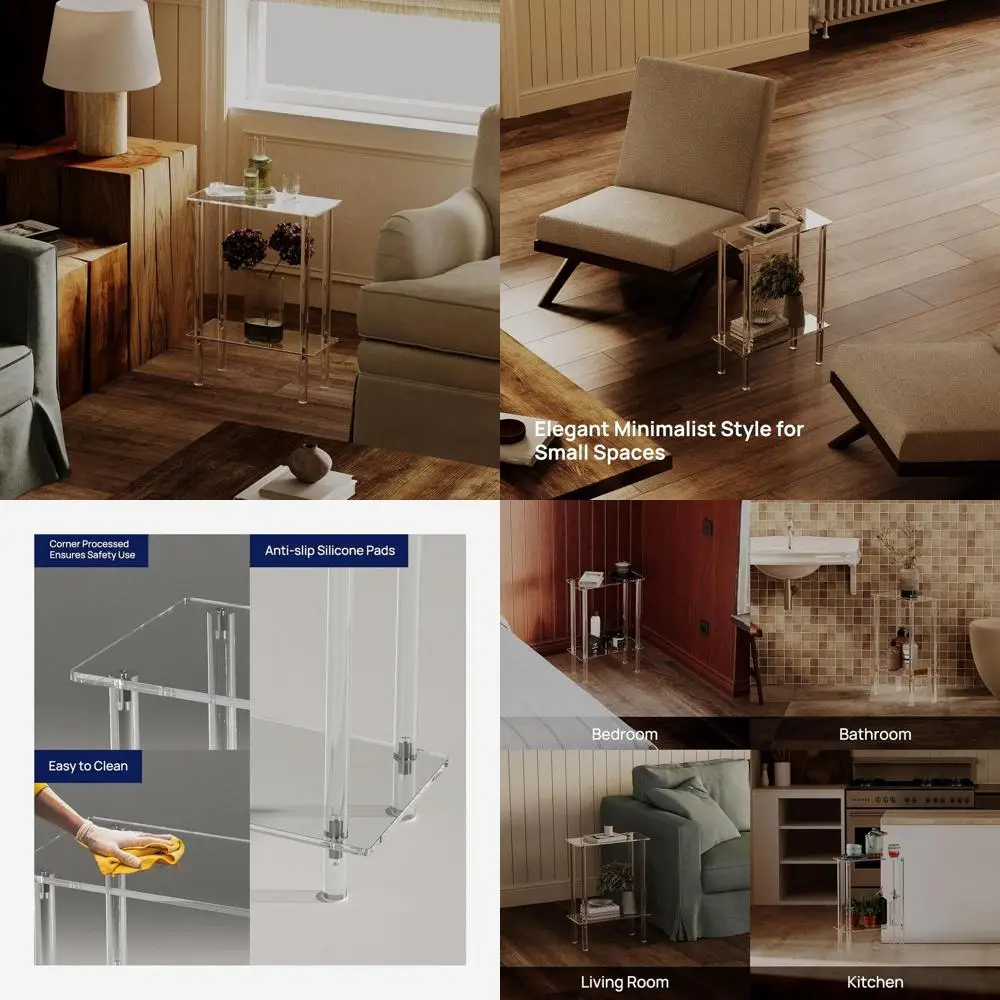 

Compact Acrylic 2-Tier Side Table, 7 Slim Nightstand, 15.7L x 21.8H for Small Spaces