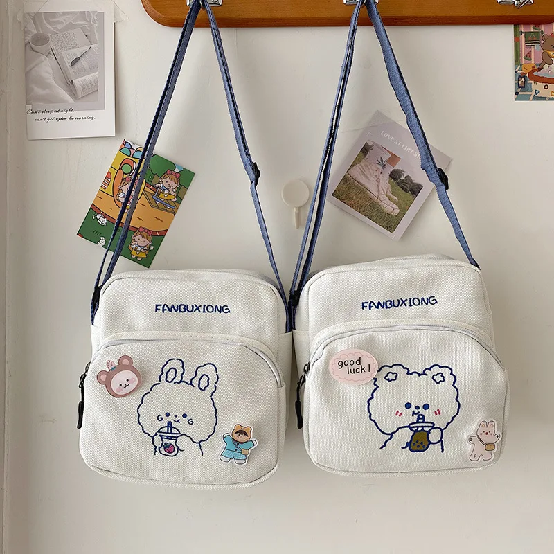 Cute Bear Rabbit Print Crossbody Bags for Women Girls Mini Canvas Square Purse Trendy Cartoon Handbags Shoulder Phone Bag Bolso view 6