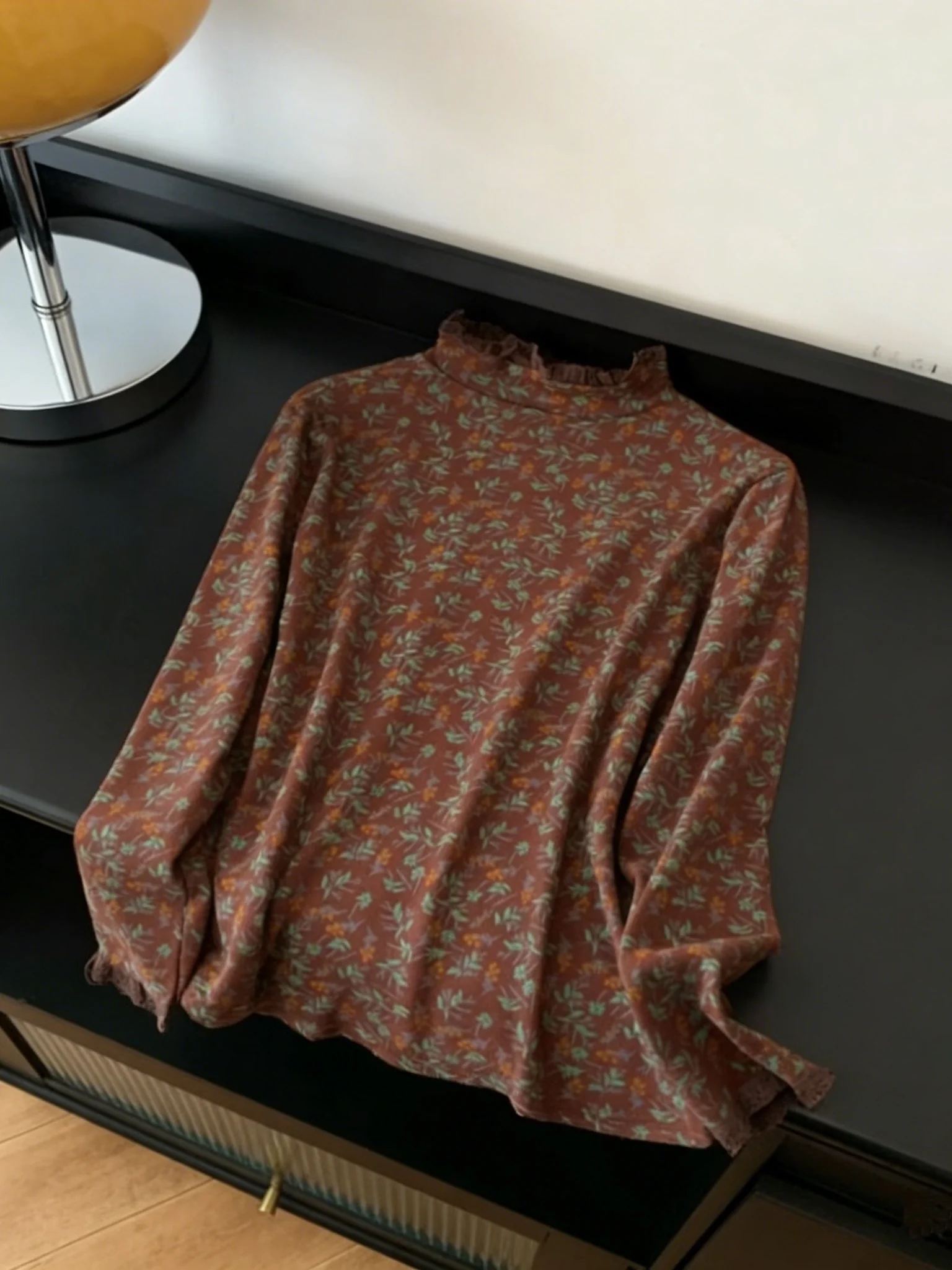 

Женский топ из чистого хлопка с художественным цветочным принтом Long Sve Base irt f с высоким воротником и кружевной отделкой, большой размер