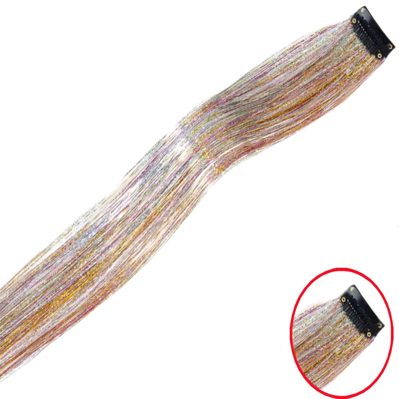 Satu Set Benang Rambut Metalik dengan Jepit Rambut Mengkilap Termasuk 5 Ekstensi Rambut Berwarna Bersinar Sintetis Cocok untuk Pesta