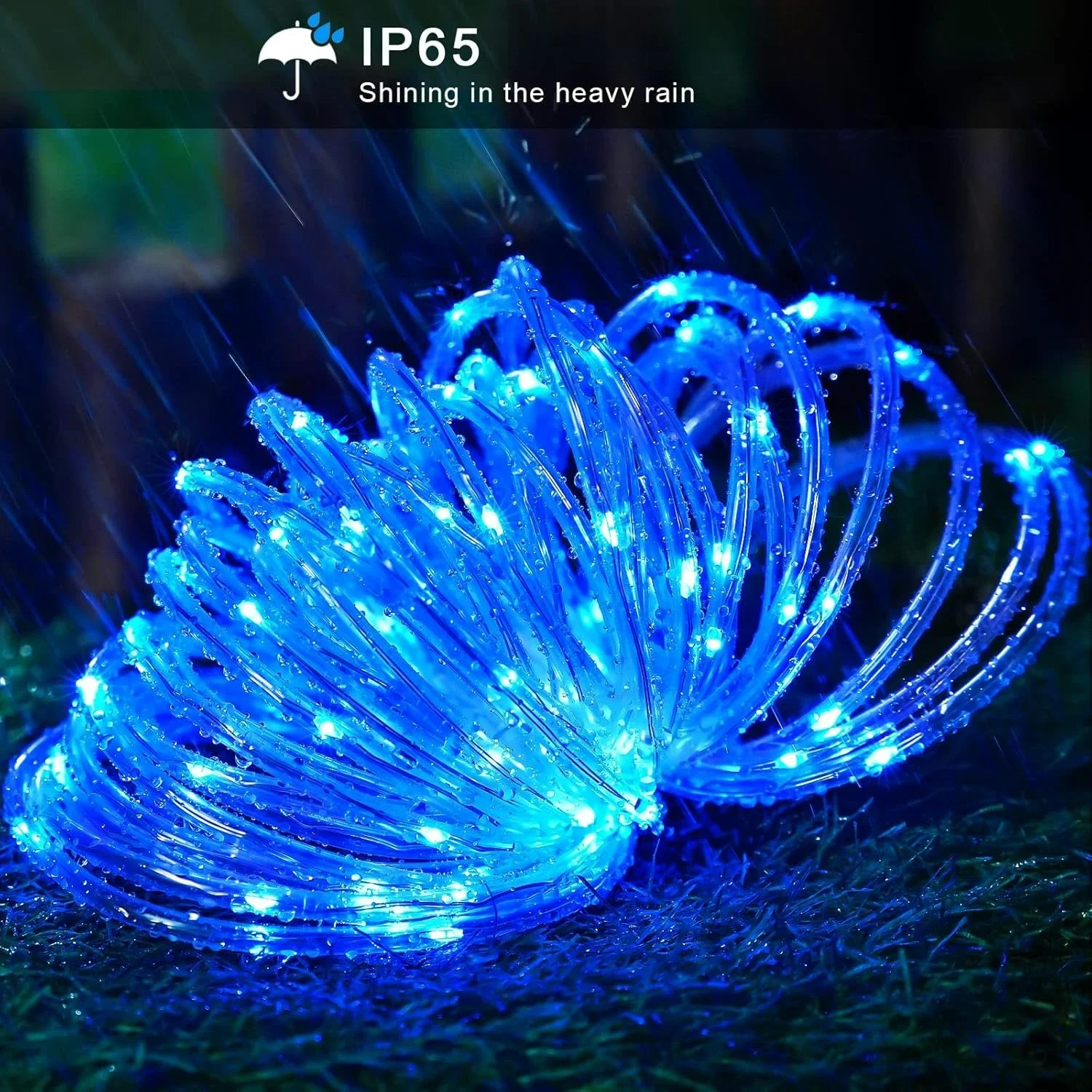 Blue Solar Rope Lights Outdoor 100 LED IP65 Waterproof 8 Modes 500mAh PVC Tube for Garden Christmas Halloween Decor