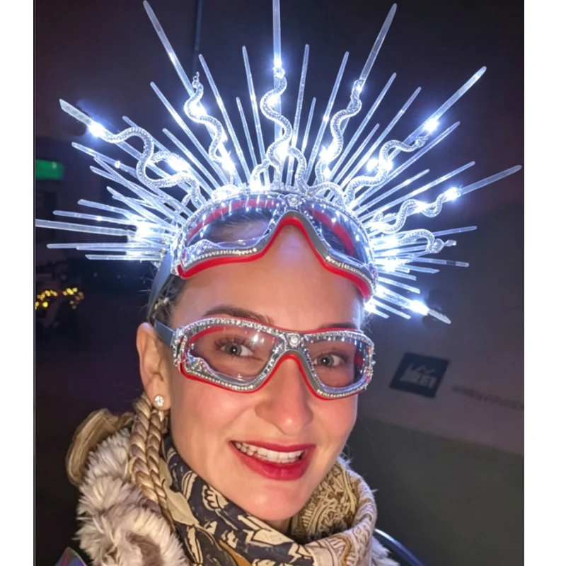 Sunburst Serpent Halo Crown with LED Lights, Glowing Snake Metal Headpiece with Spikes, Mythical Headband for Party Photoshoot