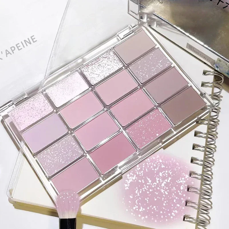 16-Farben-Lidschatten-Palette mit niedriger Sättigung, Rosenrosa, perlmuttfarbener, mattierter Glitzer-Lidschatten, glänzender Lidschatten, langanhaltendes Augen-Make-up