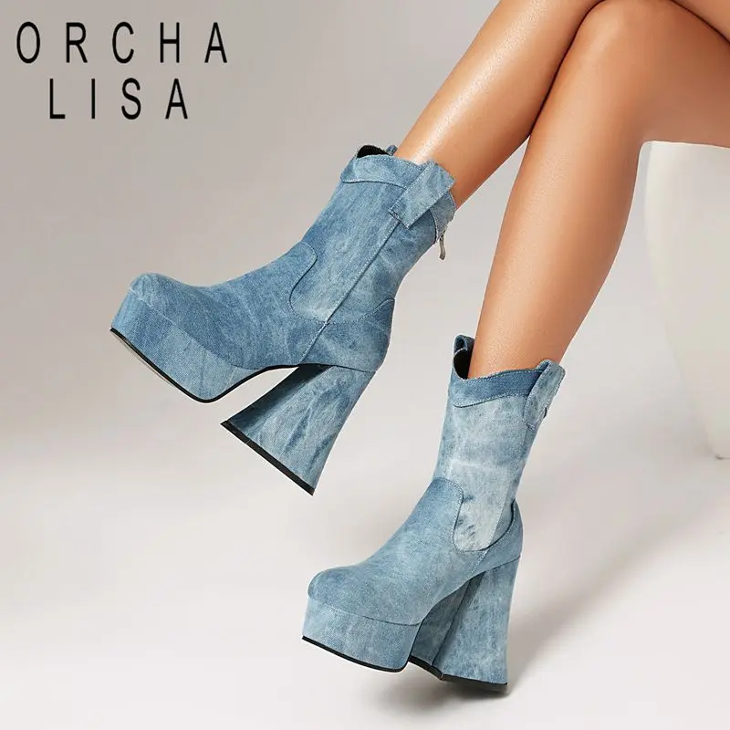 ORCHA LISAFashion Cowboy Western Boots Round Toe 12cm High Heels 3.6cm Platform Zipper Mixed Color Large Size 41 42 43 US10
