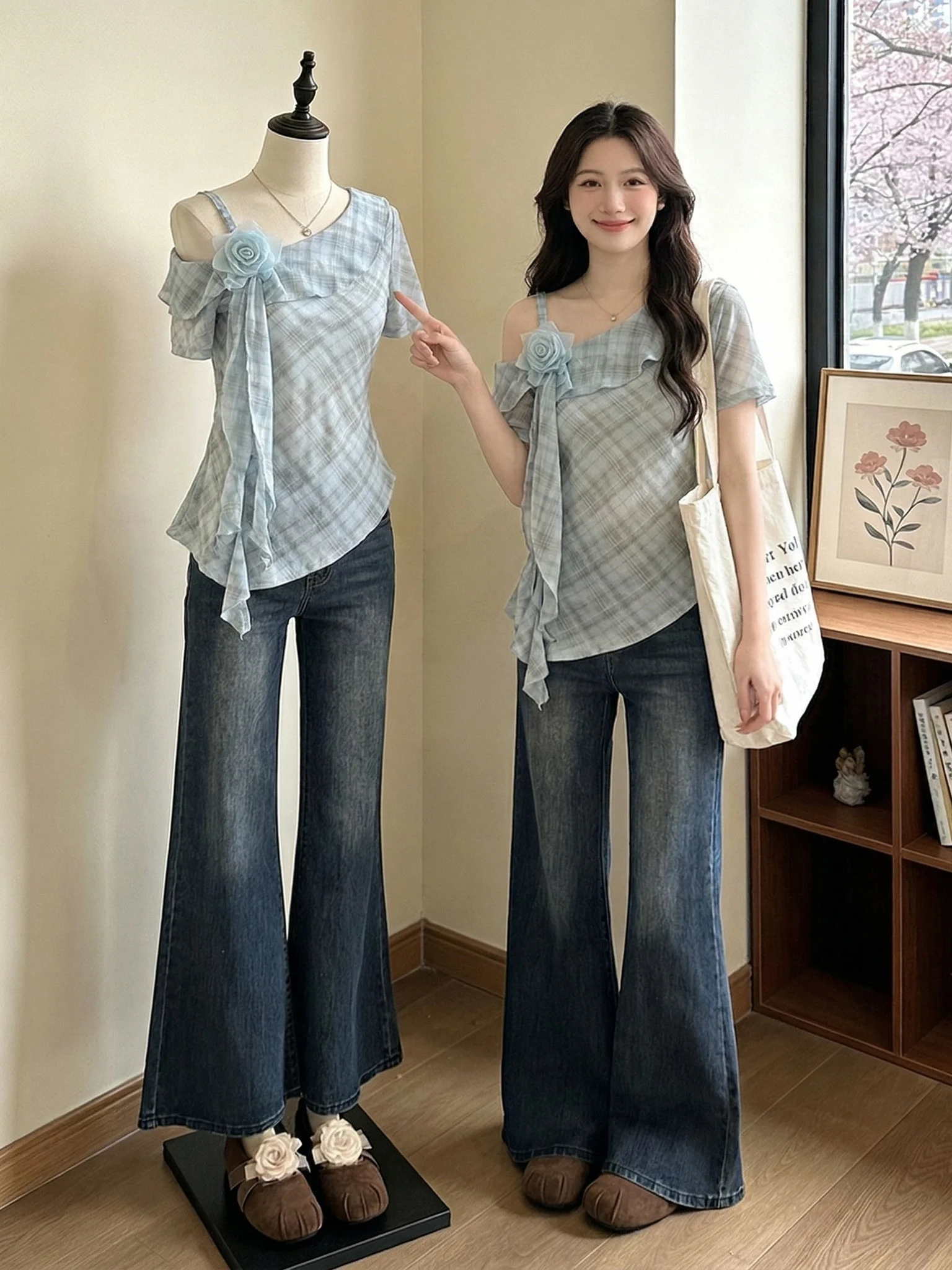 Summer New Women's Short Sleeve T-Shirt Checkered Beautiful Small Shirt Super Cute Korean Style Commute Wind Loose Fit