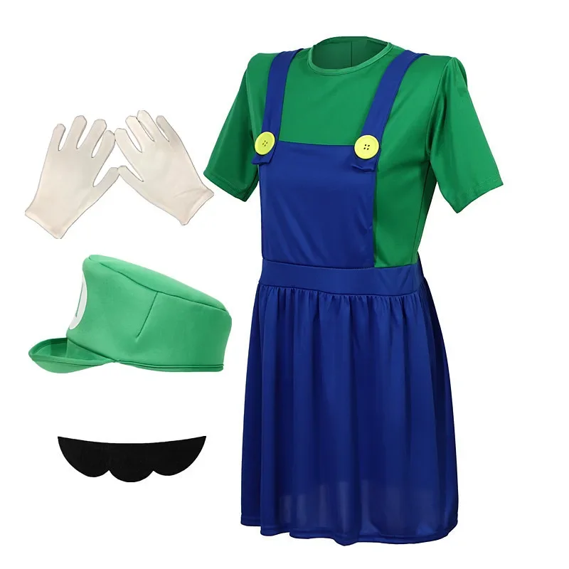  Women's Game Character Costume Anime Luigi Dress with Hat Beard Gloves Funny Party Acting Costume