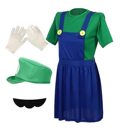 Adult Women's Game Character Costume Anime Luigi Dress with Hat Beard Gloves Funny Party Acting Costume