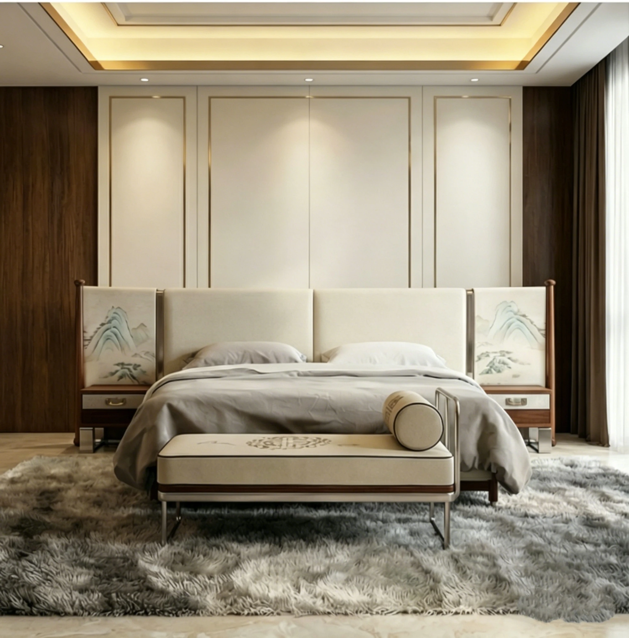 #Italian Light Luxury Wide-screen Bed, A Luxurious Home Villa Large Flat Master Bedroom Double Bed Modern Chinese