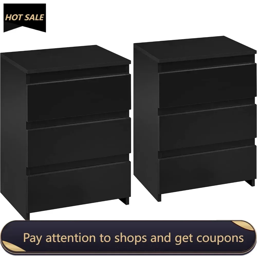 Nightstands Set of 2, Black Bedside Tables with 3 Drawers, Sets Accent Tables with Storage Space,  for Bedroom Living Room