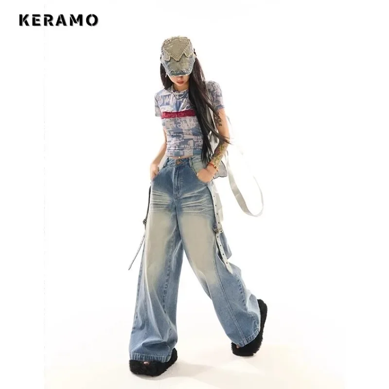 

Vintage Belted Design Casual High Waist Jeans High Street Style Blue Straight Pants Women's Wide Leg Baggy Y2K Denim Trouser