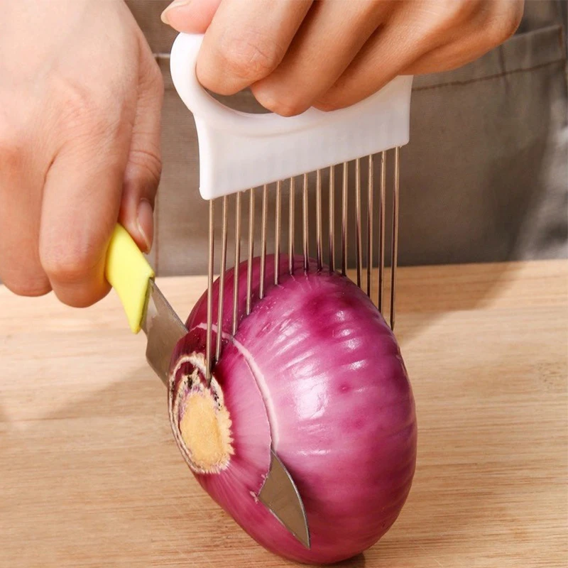 Rebanadas de cebollas sin esfuerzo con esta rebanadora de cebolla colorida, soporte de cebolla para patatas fritas de acero inoxidable para cortar assi, 1 ud.