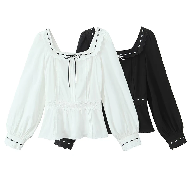 

YENKYE 2025 Women French Style Ribbon Cross Lace Up Black White Blouse Elegant Square Neck Long Sleeve Spring Tops