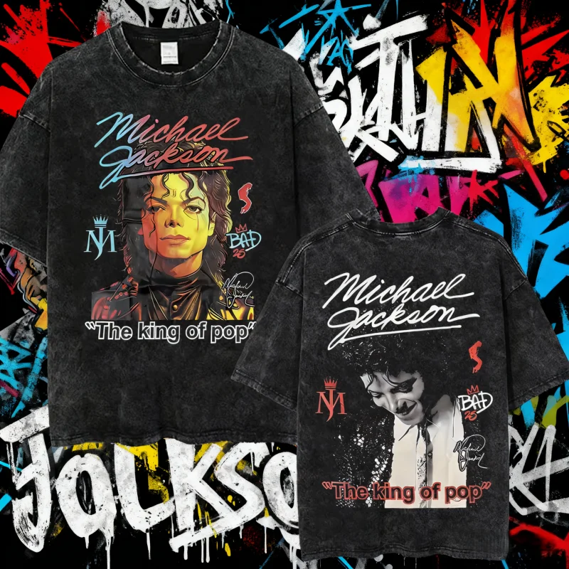 Koszulka męska i damska w stylu retro, vintage, z efektem sprania, z nadrukiem Michaela Jacksona Króla Popu, gotycka, rockowa, wykonana w 100% z czystej bawełny, streetwear, lato 2025.