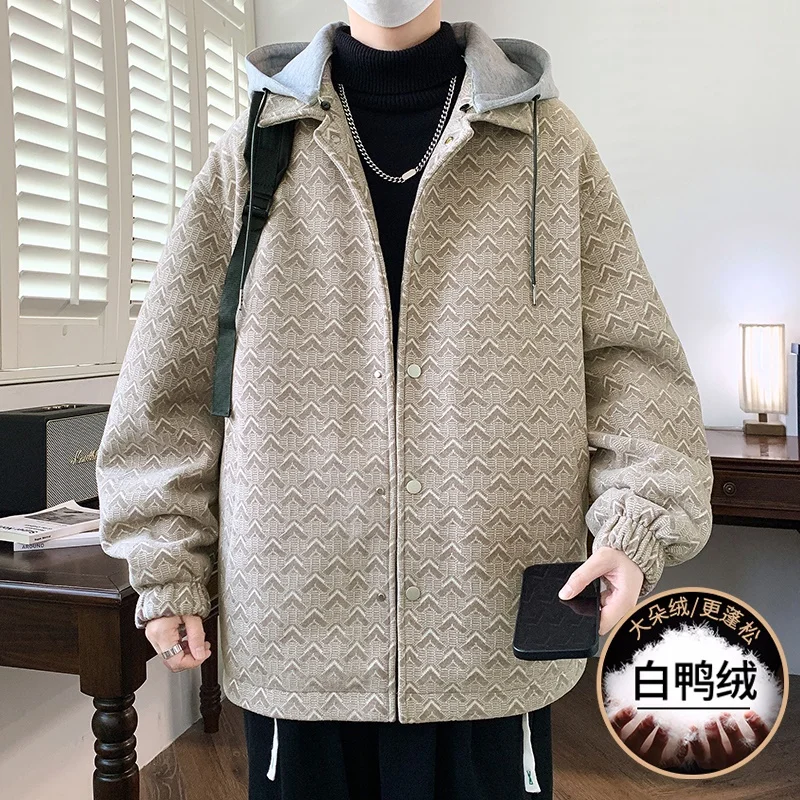 Fashion Men's Hooded Button Duck Down Jackets New 2025 Winter Casual Puffer Coats High Street Wear Windproof Padded Top Clothing