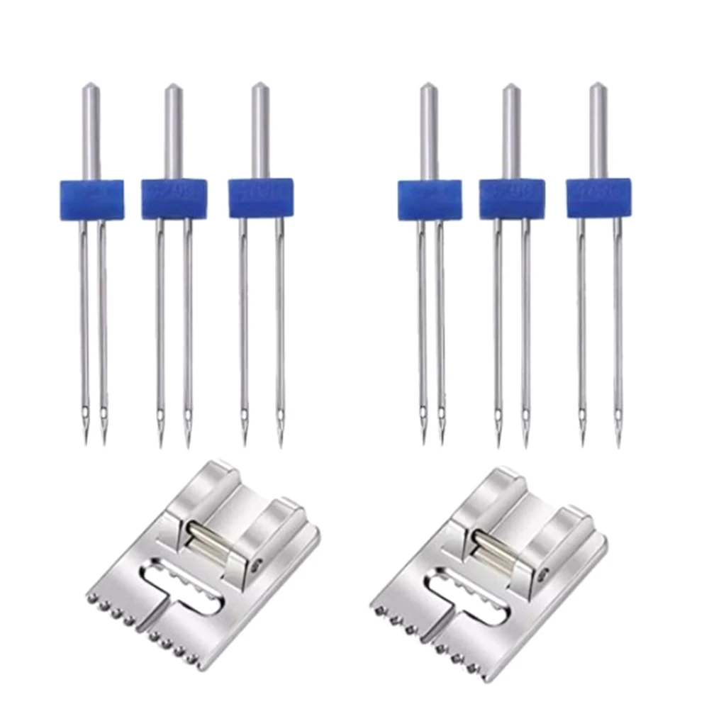 AEE4-6Pack Double Twin Needles Wrinkled Needle With 2 PCS 9 Groove Pintuck Presser Foot For Sewing Machine Accessories 5FM