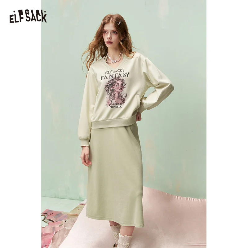 

ELFSACK Women's Fantasy Print 2-Piece Set - V-Neck Long Sleeve Top & High Waist A-Line Dress, Casual Outfit for Spring Autumn