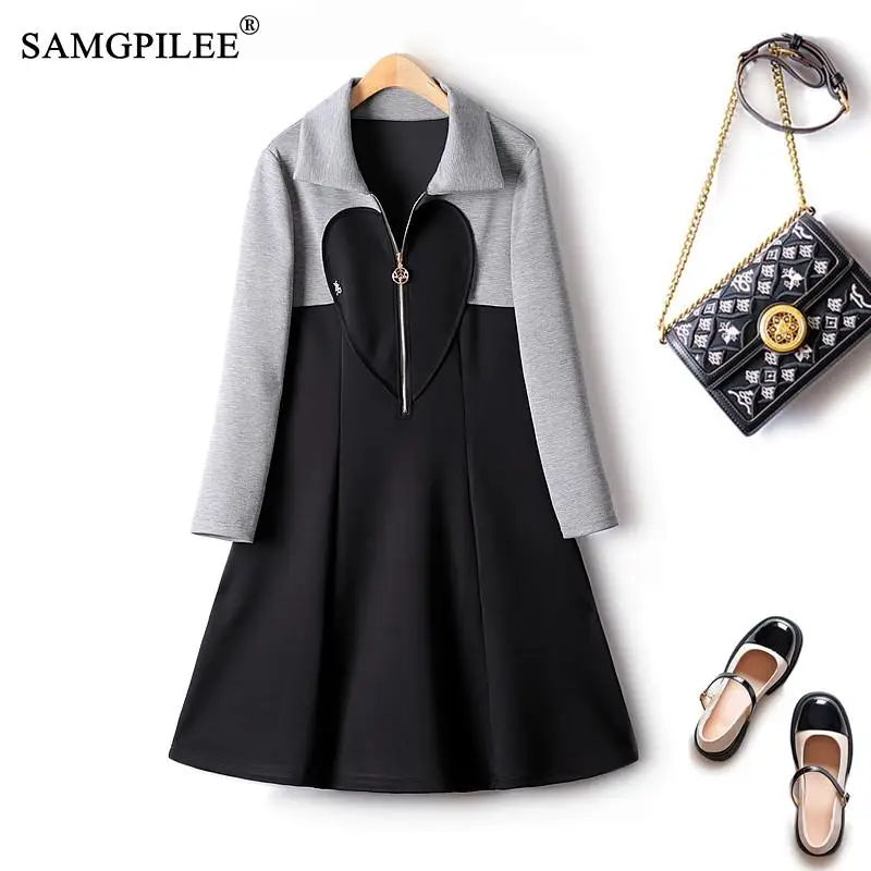 

Autumn Sweater Dresses Women 2022 New Lotus Leaf Collar Contrast Air Cotton Slim Mid-length Korean Fashion Casual Female Dress