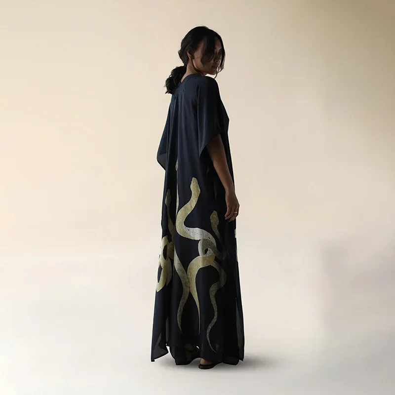 ชุดคลุมบิกินี่สีดำแบบกิโมโน แขนทรงค้างคาว ผ้าคลุมชายหาด ชุดคลุมแม็กซี่สำหรับผู้หญิง ผ้าคลุมชุดว่ายน้ำแบบหลวม