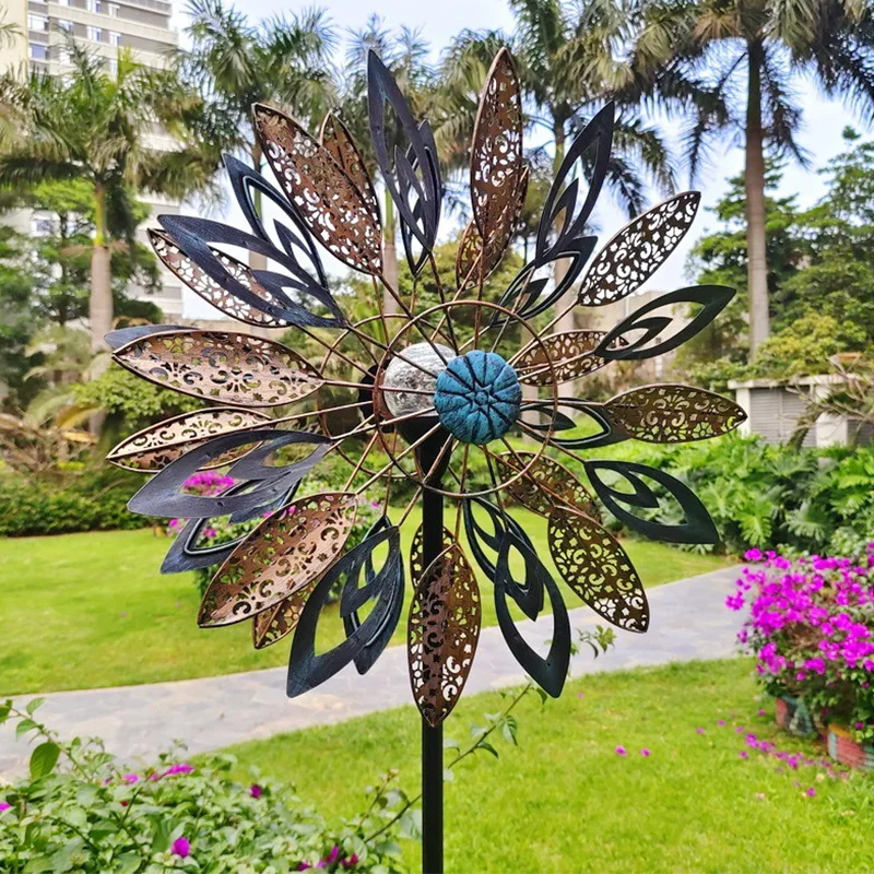 Modern Iron Ornaments Colors Double-Sided Solar Lights Pattern Leaves Rotating Windmill Lawn Lamp Garden Yard Outdoor Decoration