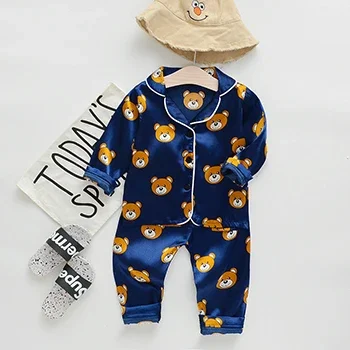 Toddler Girls Silk Satin pigiama set Cartoon Kids Boys pigiama Baby Sleepwear Suit Girl Casual Home Wear Clothes Boy Loungewear