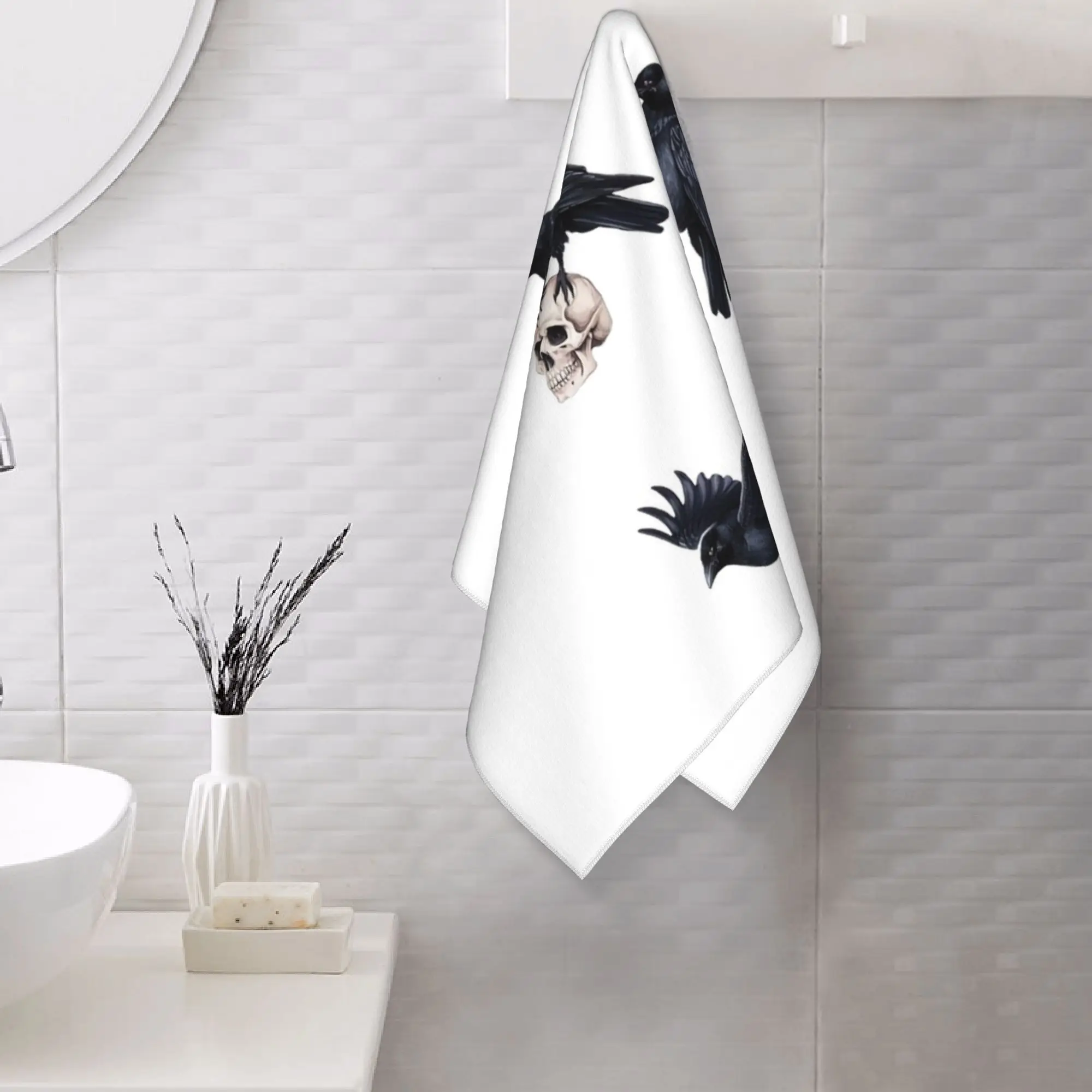 Custom Trendy Black raven crow ,skull and moon Pack Soft Face Towel Quick Dry Pool Bath Cotton Towels Absorbent
