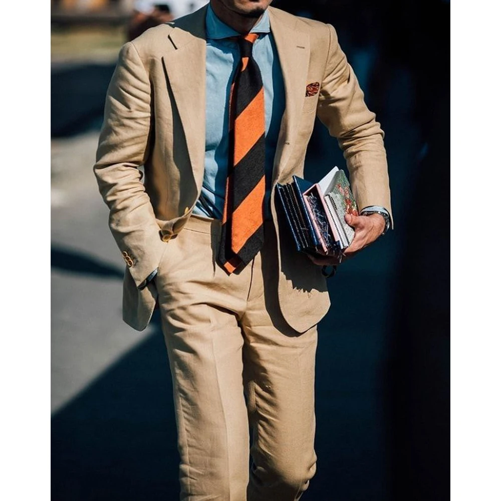 

Men Suit 2 Piece Set Linen Single Breasted Slim Fit Comfortable Business Suit Casual Elegant Blazer Pants Formal Office Wear Wed