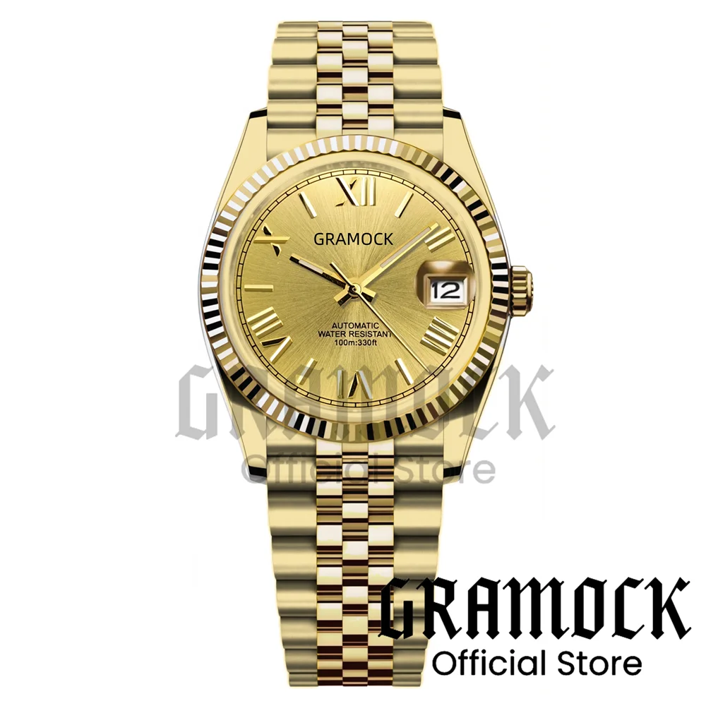 

Gramock 36 мм 39 мм полностью золотые римские цифры Sunray мужские роскошные часы NH35A механические часы для мужчин с сапфировым стеклом дата водонепроницаемые