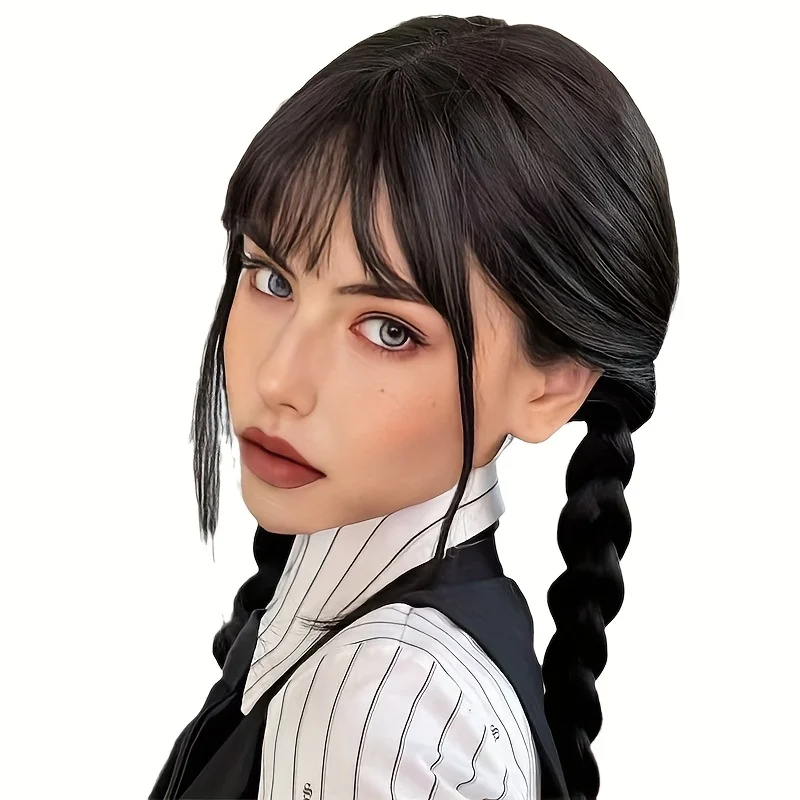Women's Wednesday Addams Character Wig Long Synthetic Braided Hair with Braided Bun Gothic Style Party Cosplay Wig for Halloween