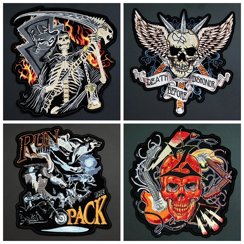 Punk Biker Patch Iron On Embroidery Patches On Clothes Big Pacthes For Jackets Denim Applique DIY Rock Large Back Pacth Badges