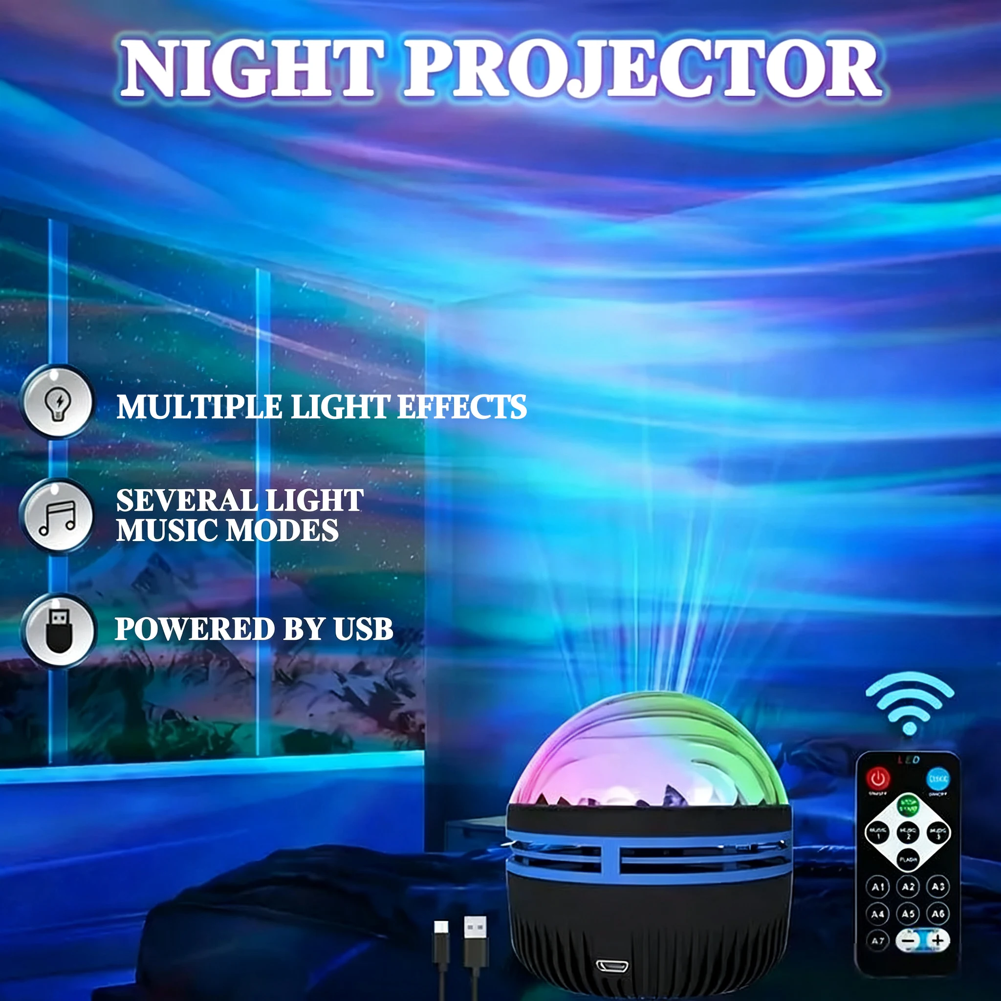USB Galaxy Projector Aurora RGB 5V Night Lights Auto Rotating Sound Activated DMX Remote Control Home Theater Room Decorations