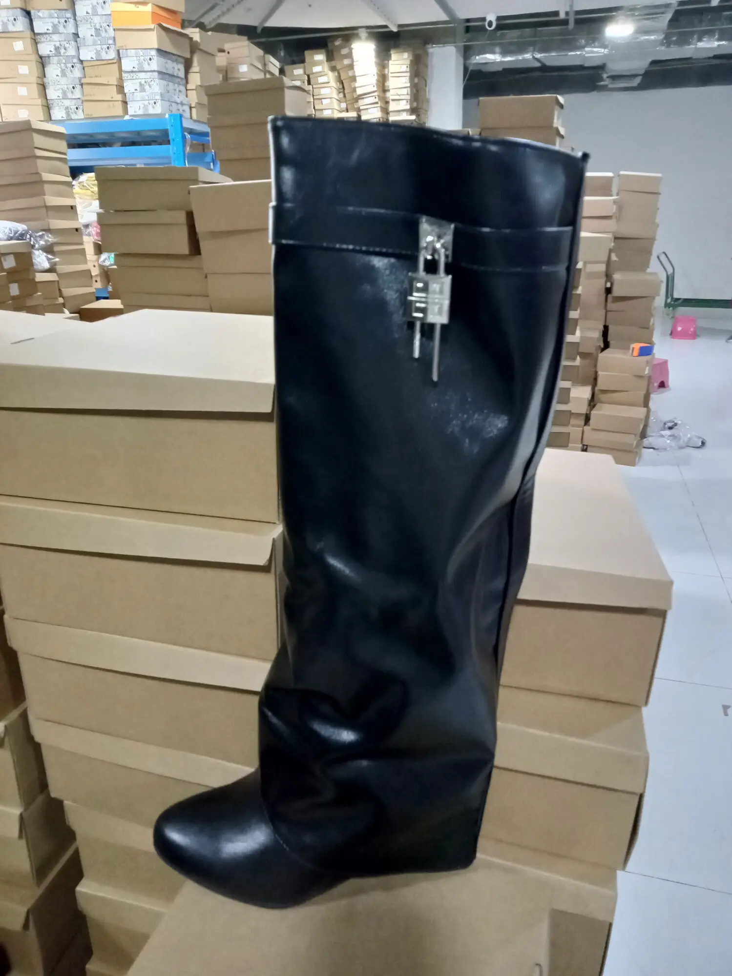White Lock Metal Buckle Wide-calf Heel 10.5 Knee High Boots Wedges Shoes For Woman Punk Style Zipper Cowboy Boots