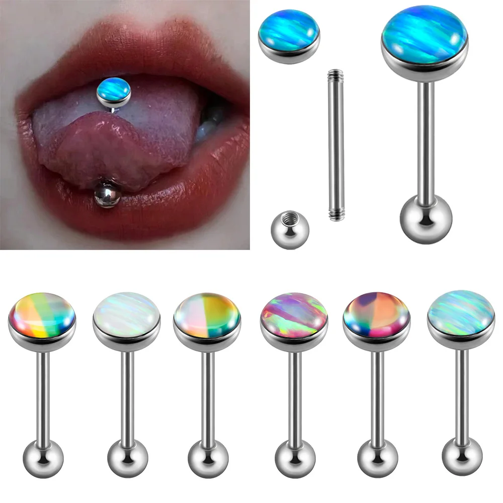 1PC Stainless Steel Flash Film Opal Tongue Studs External Thread Helix Ear Cartilage Tragus Body Piercing Jewelry 14G