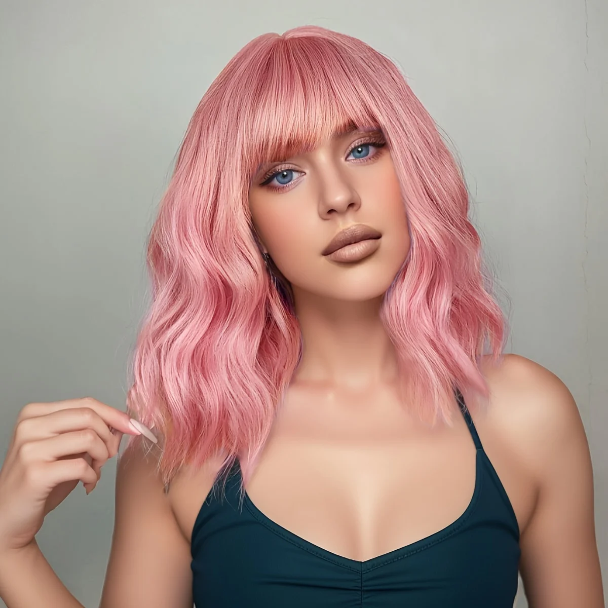 Short Wet and Wavy Scalp Top Full Machine Synthetic Wigs Pink 12inch 180% Density (12inch 180% Density, Pink Color)