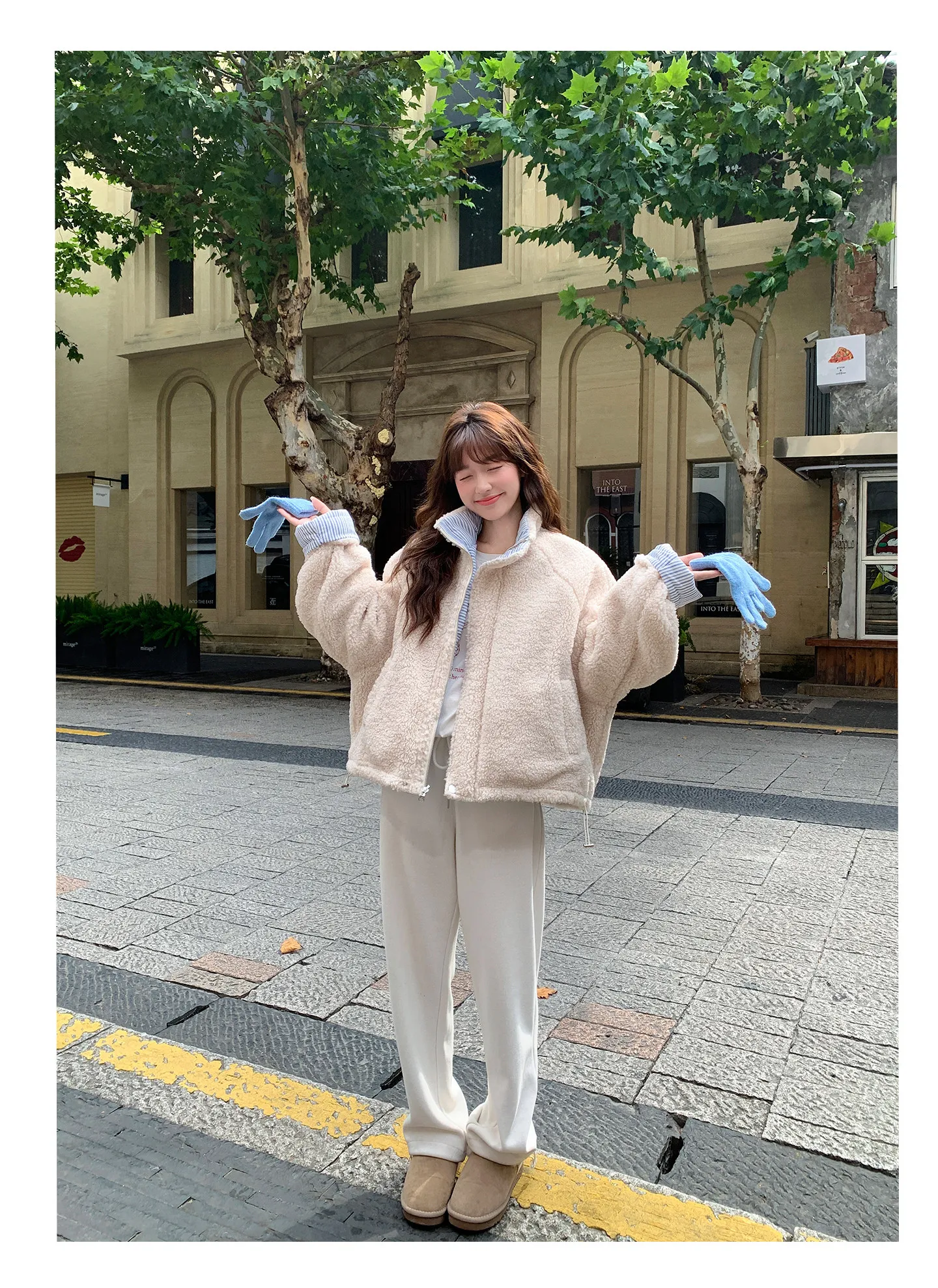 Korean Women's Reversible Striped Jacket Autumn Winter Stand Collar Fleece Lined Padded Coats Woman Loose Casual Plush Jackets